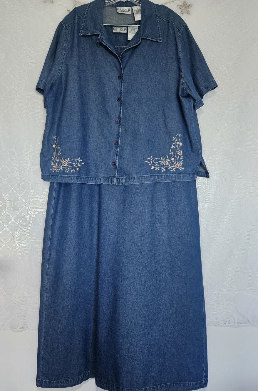 Erika II Collection 1X Blue Denim Sleeveless Maxi Dress Button Up Jacket Floral